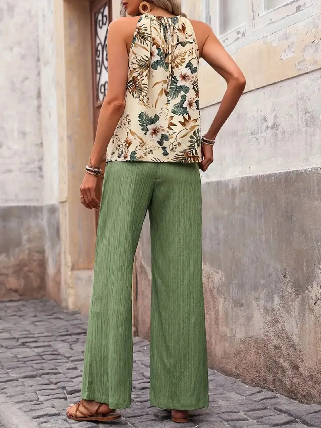 Printed tank top and wide leg pants set
