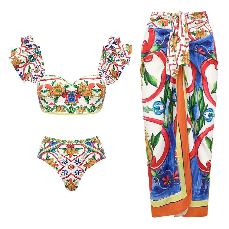 New Women's Lotus Edge Enamel Print Beach Vacation One Piece Swimwear Set