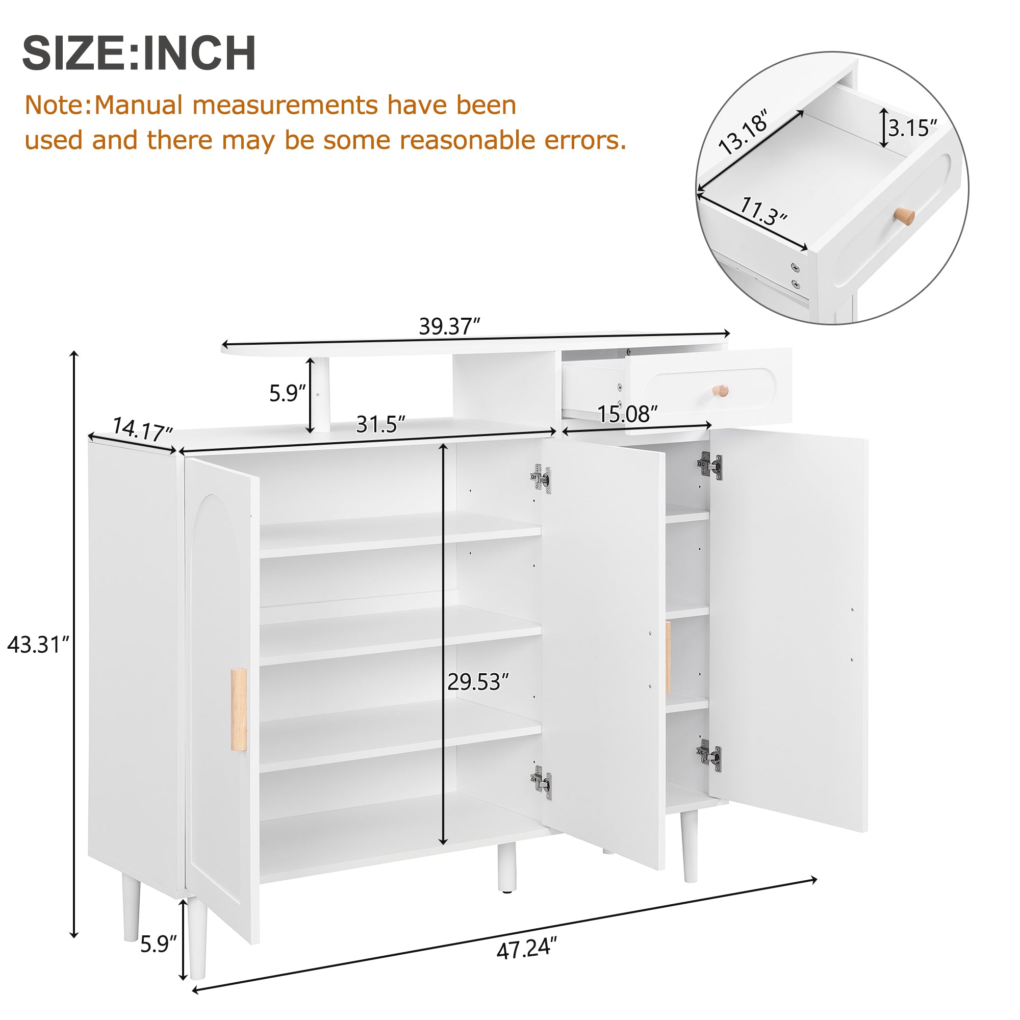 ON-TRANS Elegant Shoe Cabinet with Arched Doors and Drawers, Storage Side Panels, Adjustable Shelves and Solid Wood Legs, White