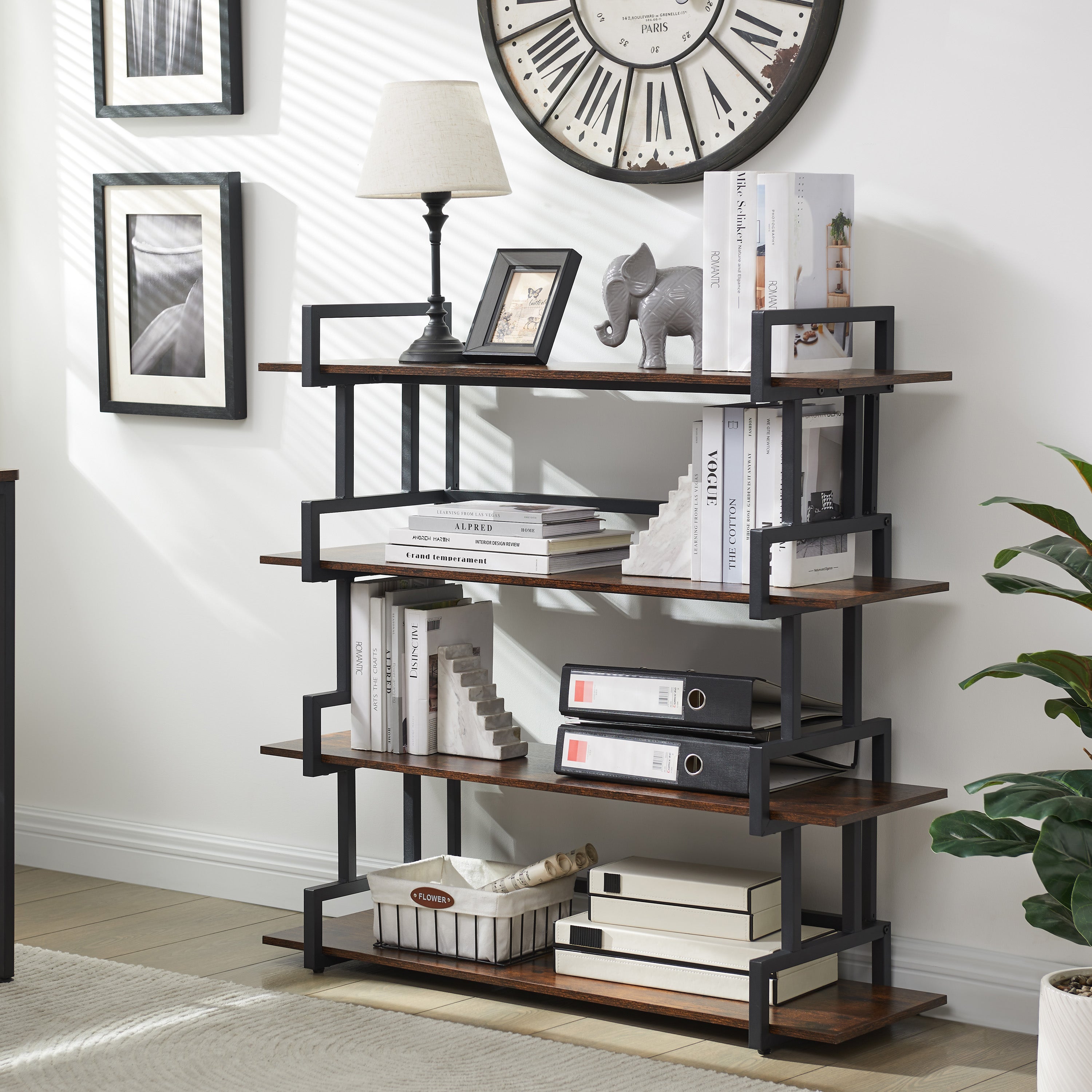 4-storey office bookshelf, rural wooden metal bookshelf, independent open bookshelf, industrial high angle bookshelf