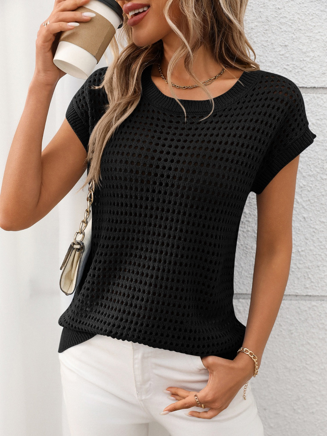 Openwork round neck short sleeve knit cover up, Black