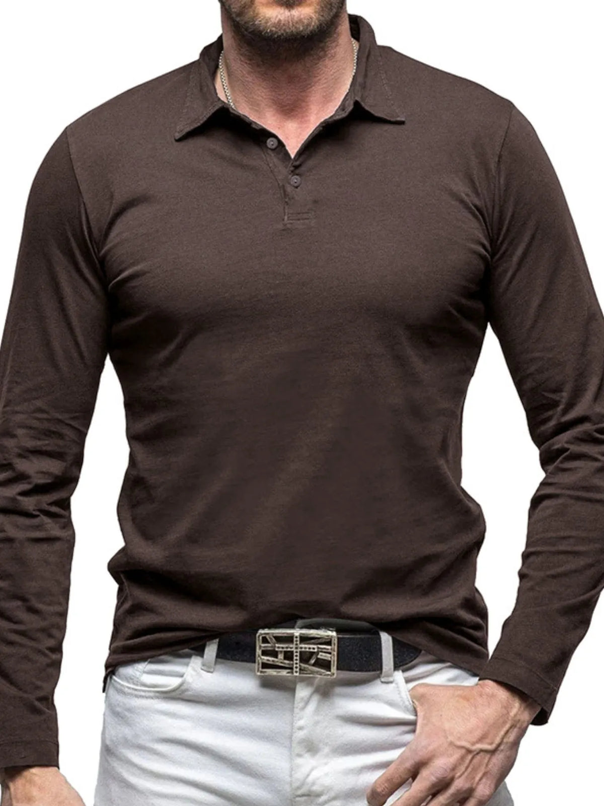 Collared neck long sleeve polo, Coffee Brown