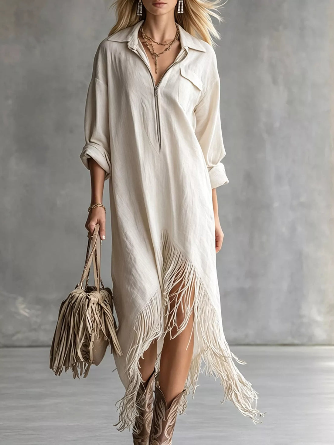 Fringe-hem zip shirt dress – white