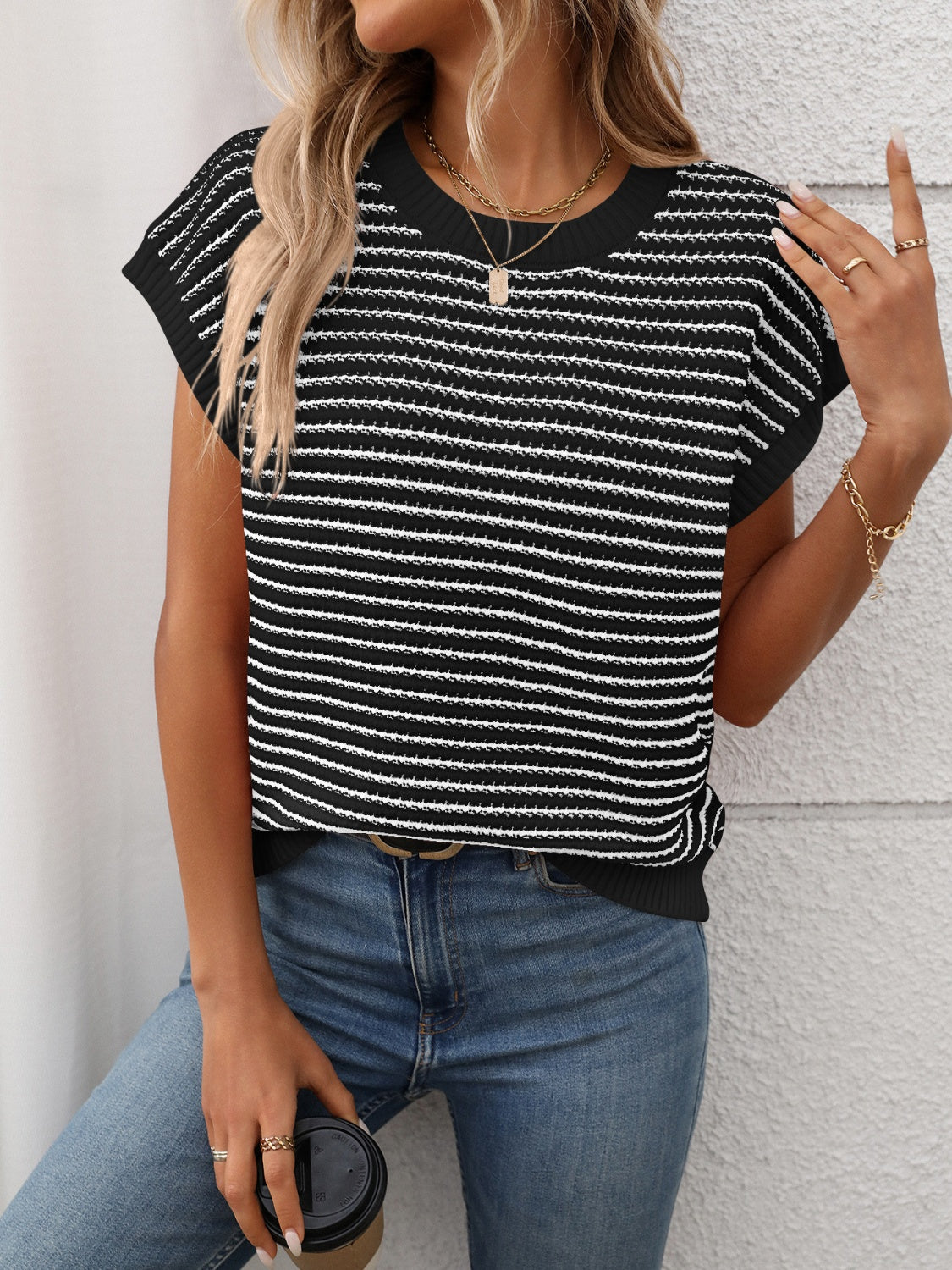 Striped short sleeve knit, Black