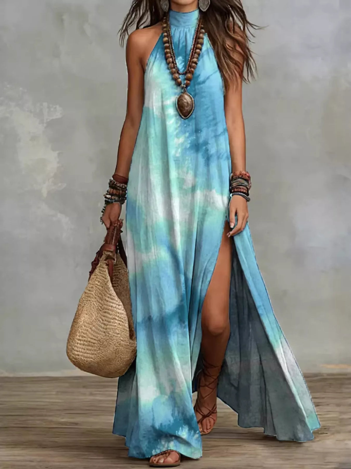 Printed sleeveless maxi dress – light blue