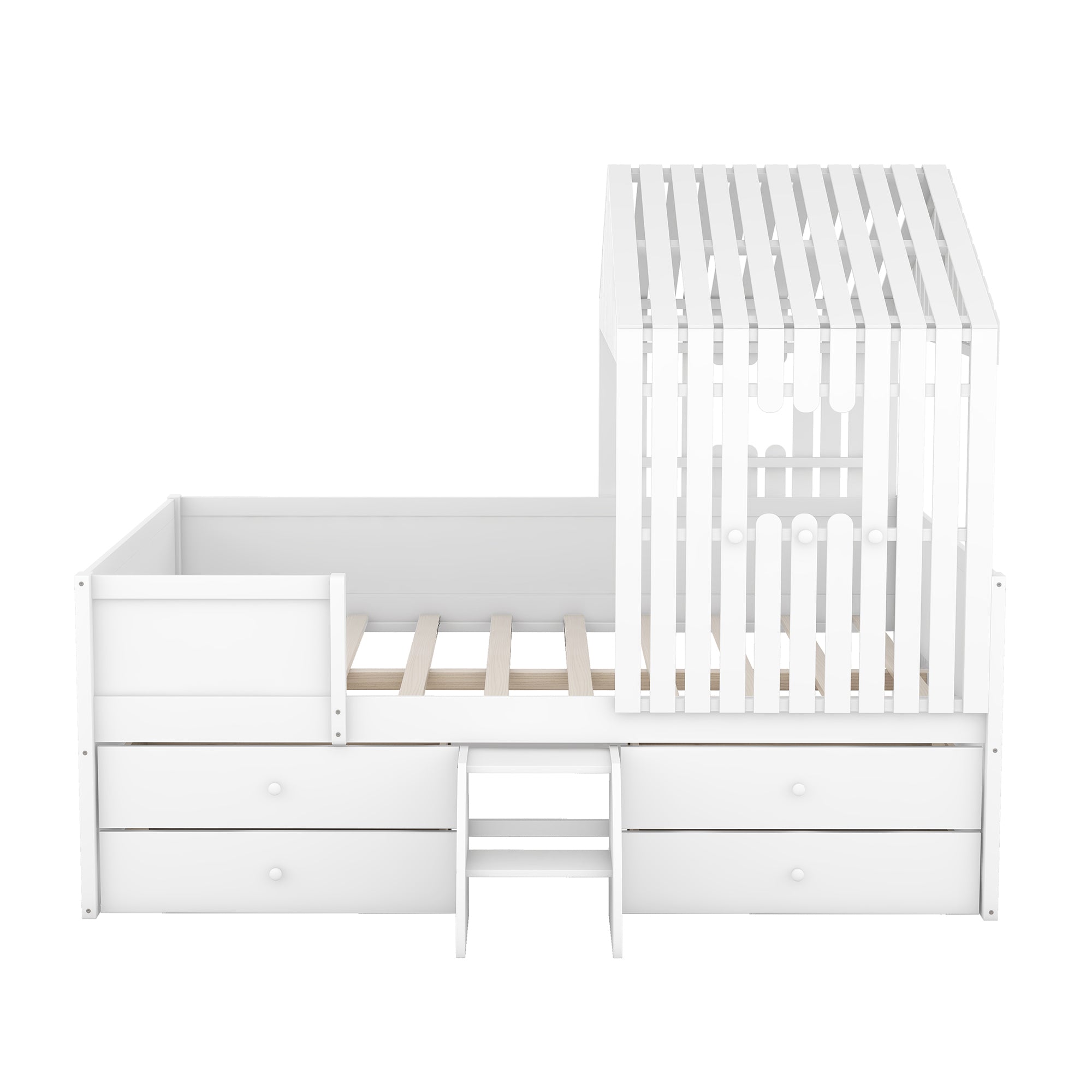 Full Size House Low Loft Bed with Four Drawers,White