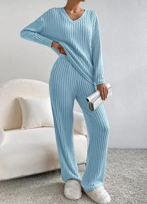 Ribbed V neck lounge set, Light blue, front