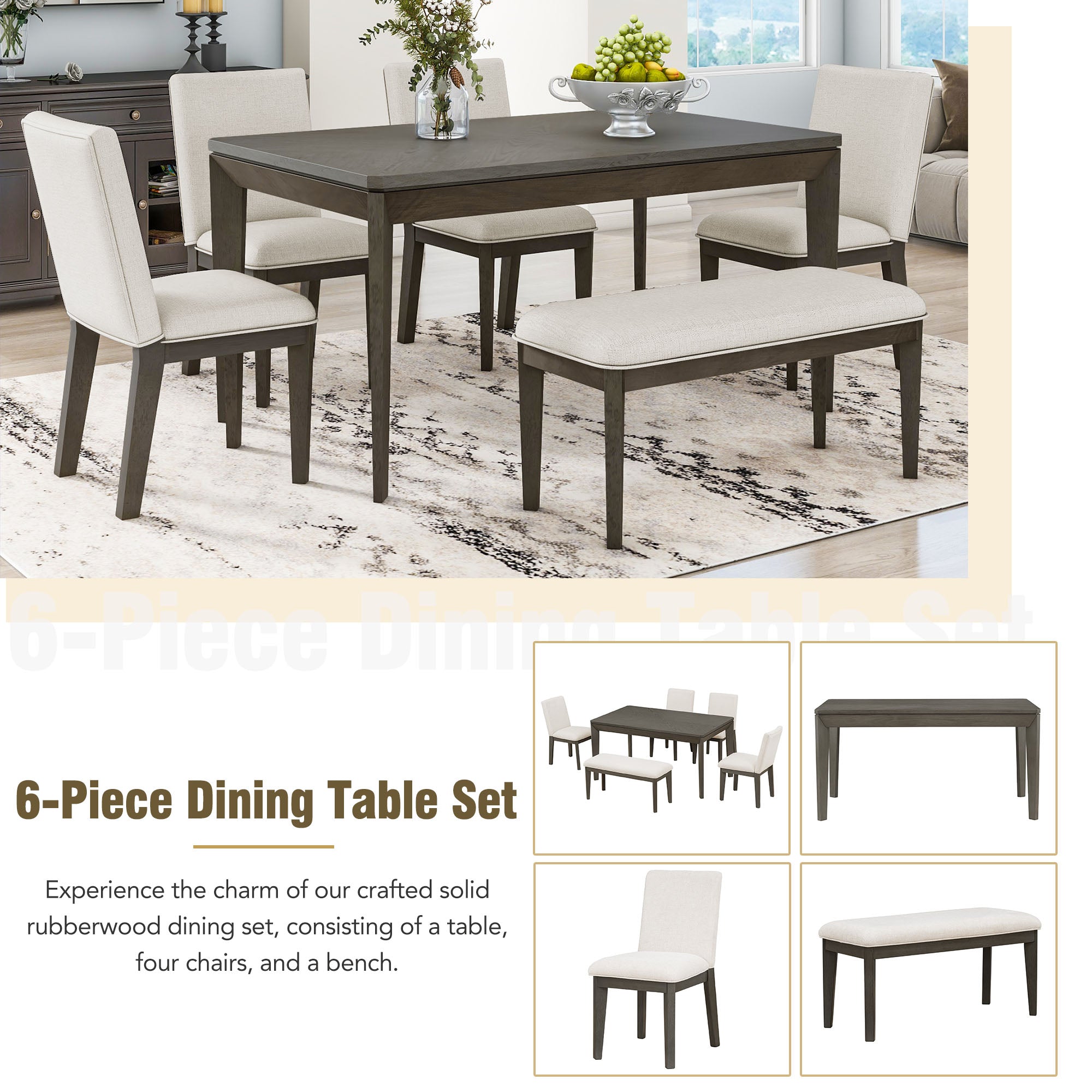 TOPMAX 6-Piece Dining Table Set with Upholstered Dining Chairs and Bench Farmhouse Style Tapered Legs Dark Gray+Beige