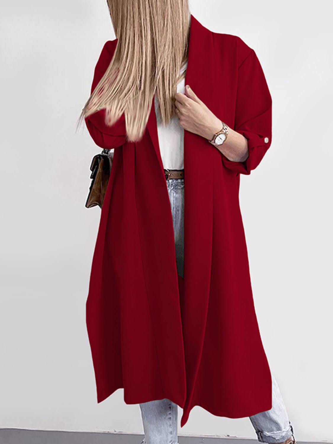 Open front trench coat, Deep Red, front
