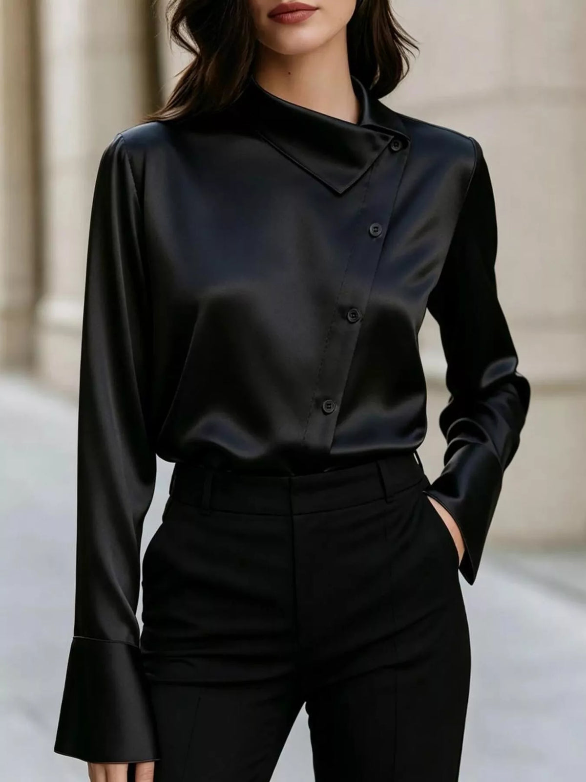 Asymmetric-collar satin blouse – black