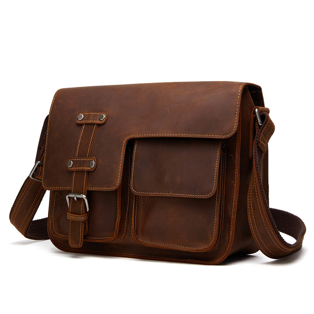 Buckled leather messenger bag, Brown, angled view