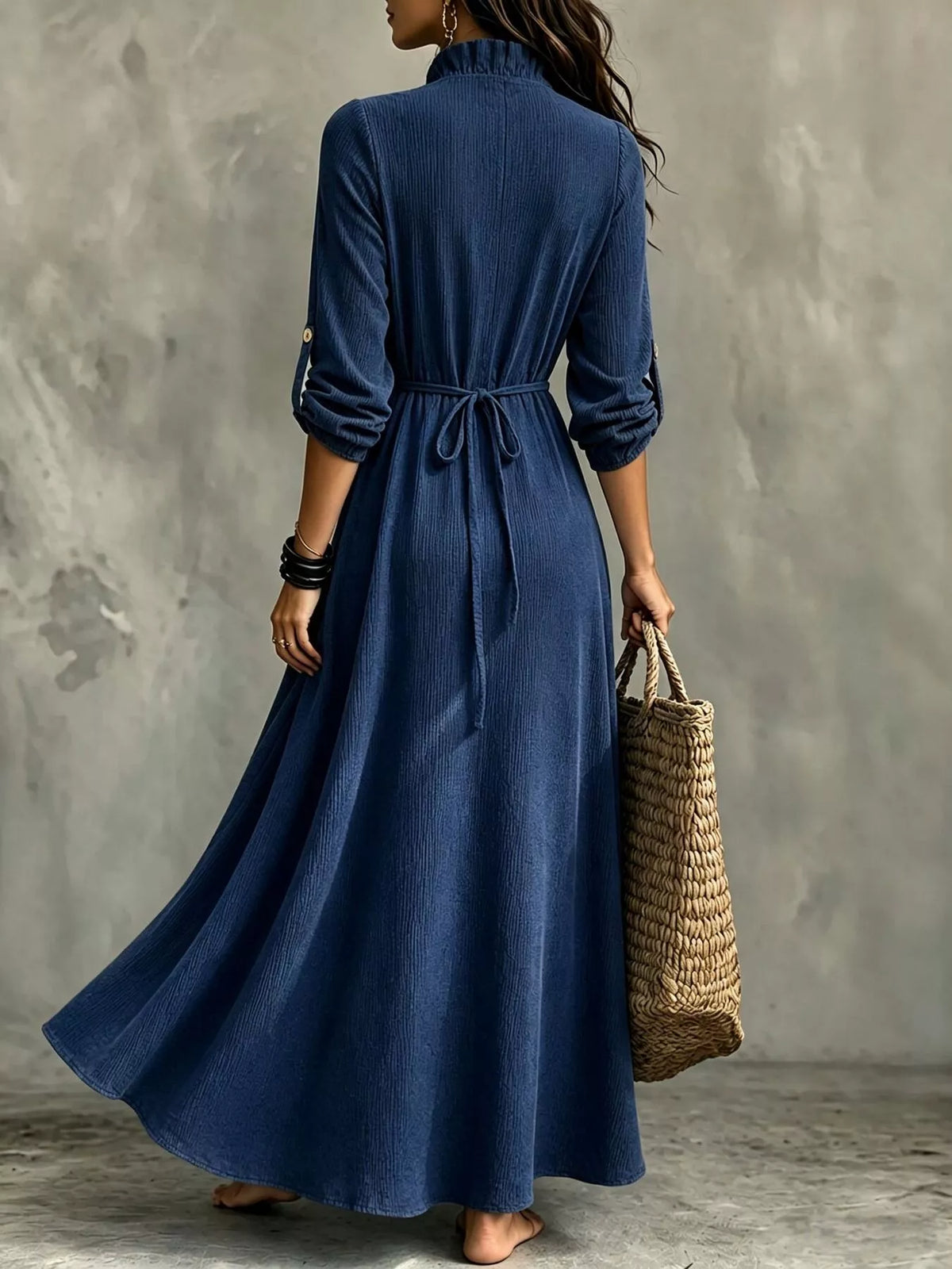 Roll-sleeve V-neck maxi dress
