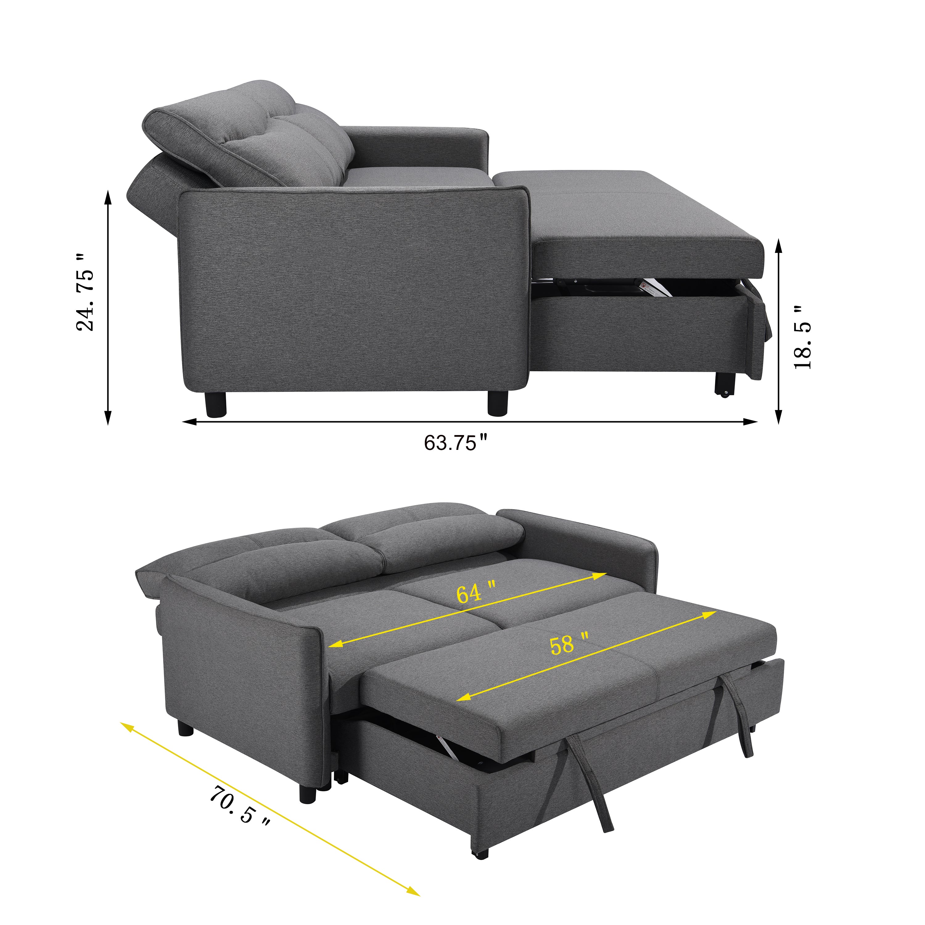 3 in 1 Convertible Sleeper Sofa Bed Modern Fabric Loveseat Futon Sofa Couch w/Pullout Bed Grey