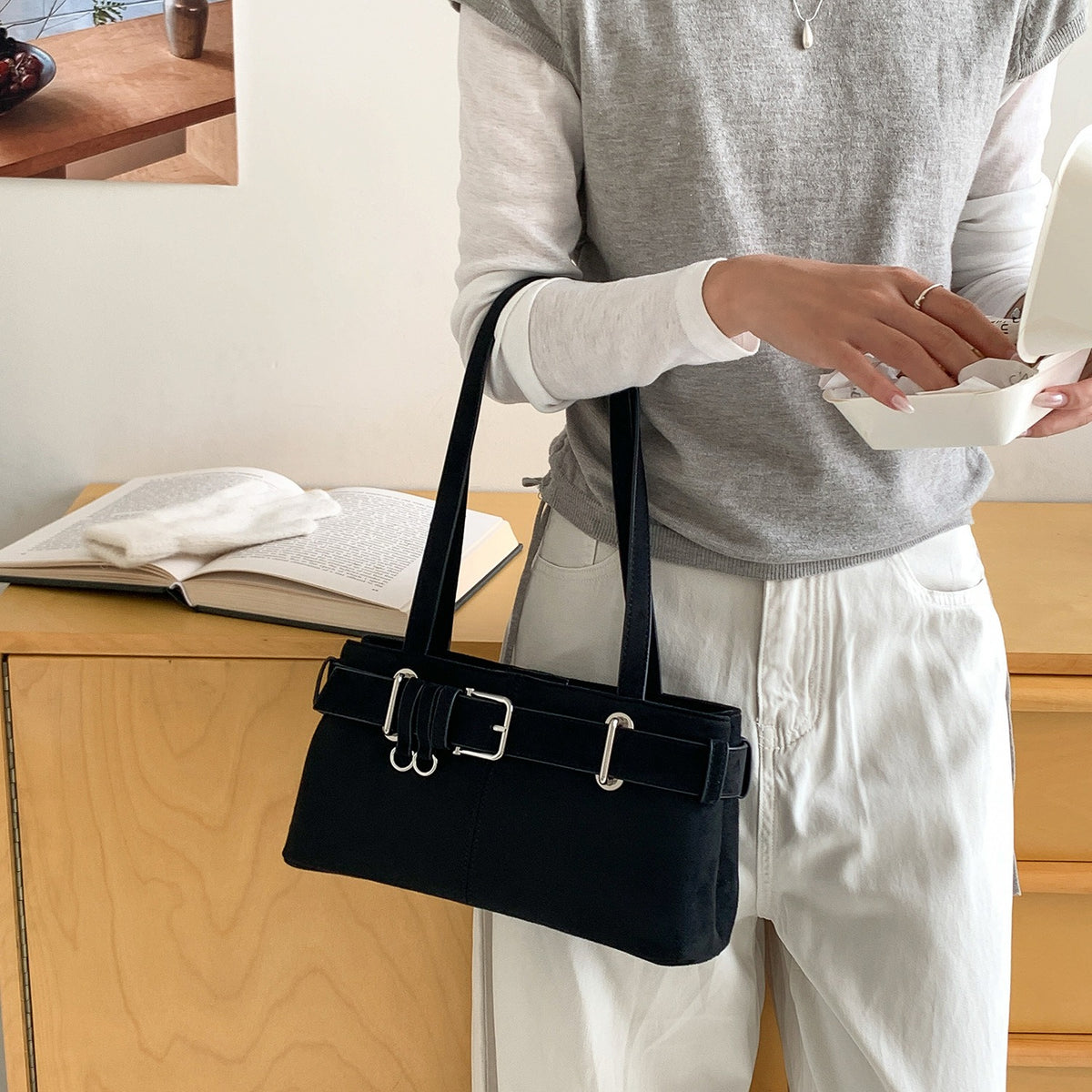 Belted baguette shoulder bag