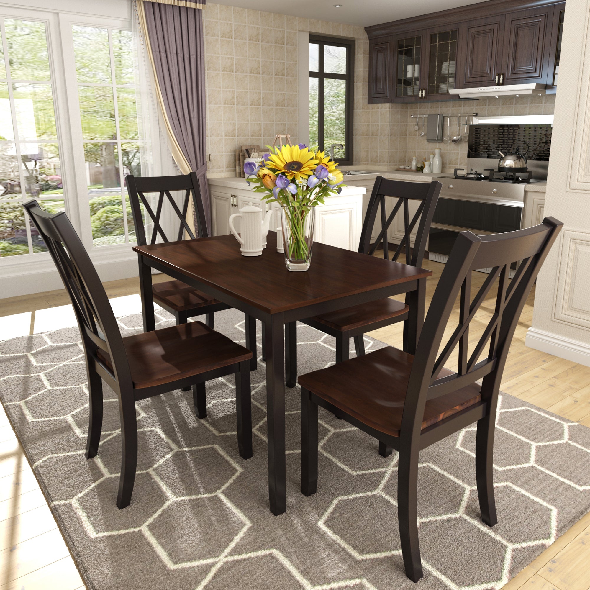 TOPMAX 5-Piece Dining Table Set Home Kitchen Table and Chairs Wood Dining Set  Black+Cherry