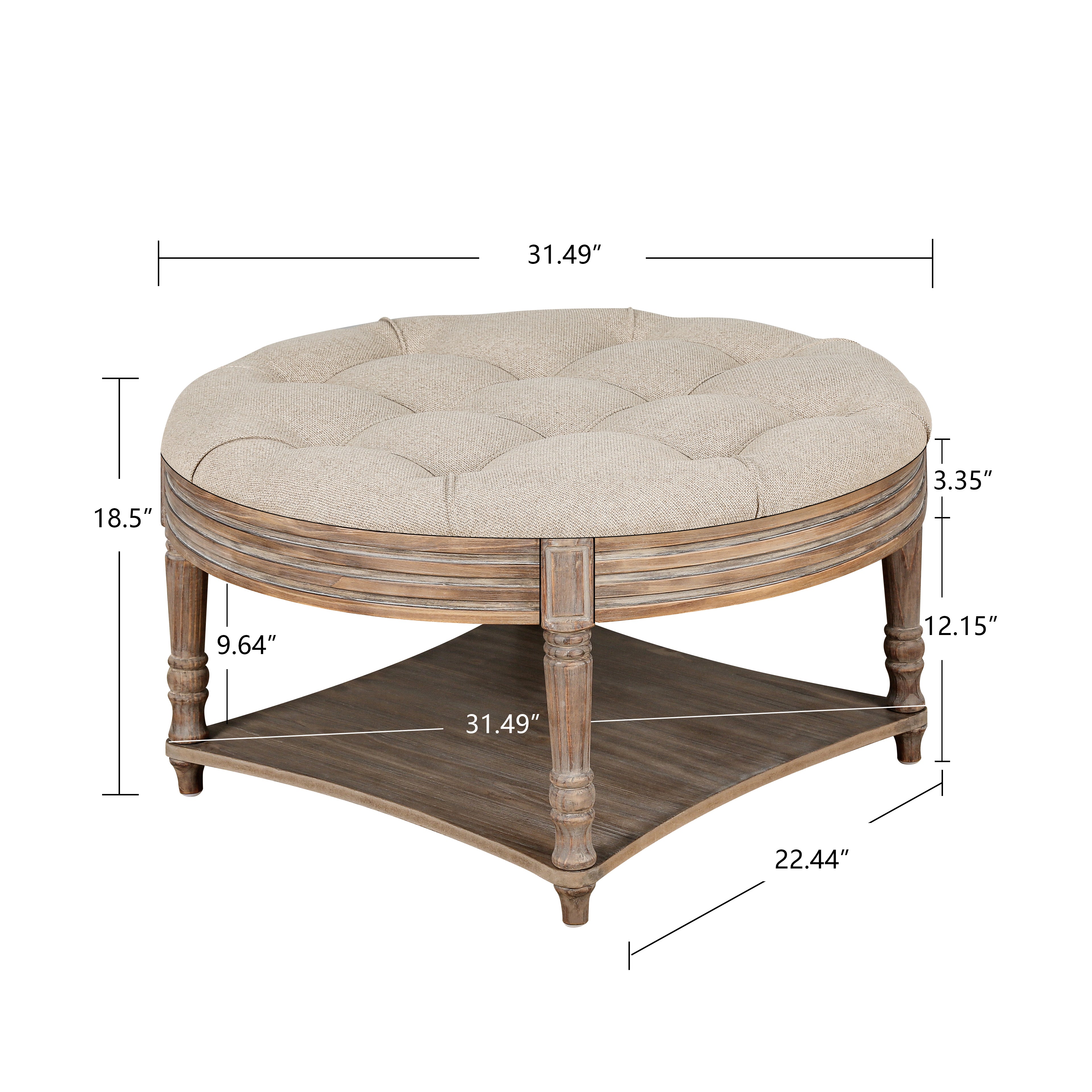 Large Round Ottoman Coffee Table 2 Tier Oversized Button Tufted Ottoman with Wooden Shelf Storage Farmhouse Upholstered Coffee