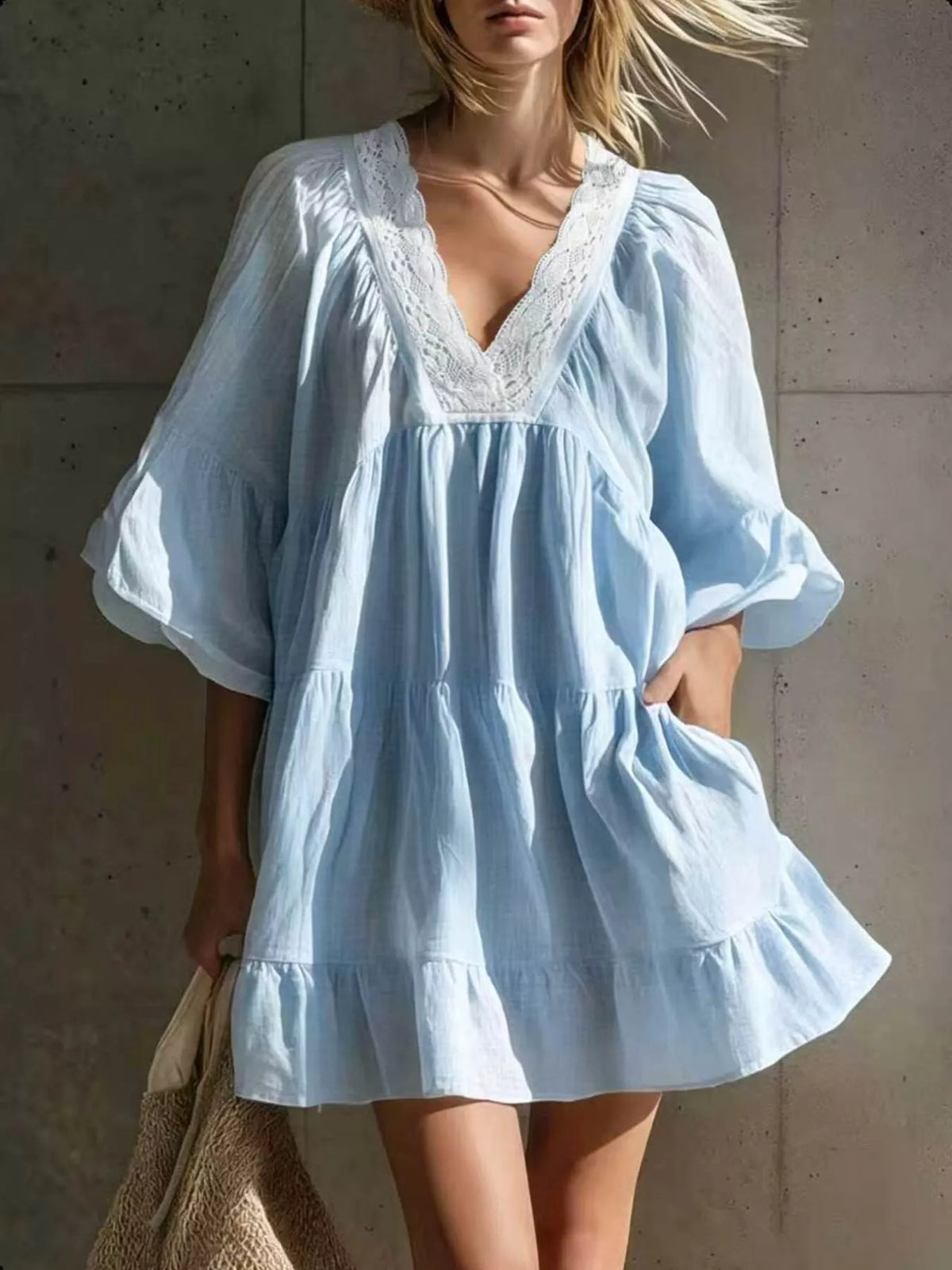 Lace-trim puff-sleeve dress – light blue