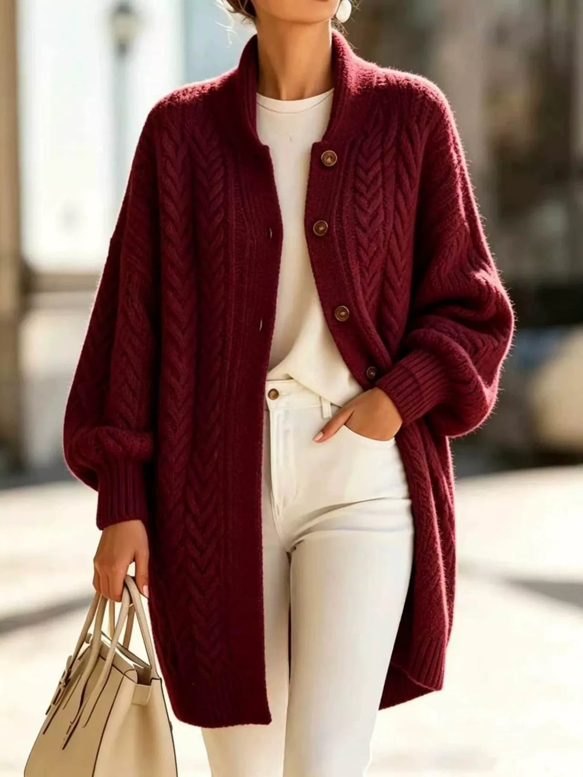 Cable-knit cardigan – burgundy