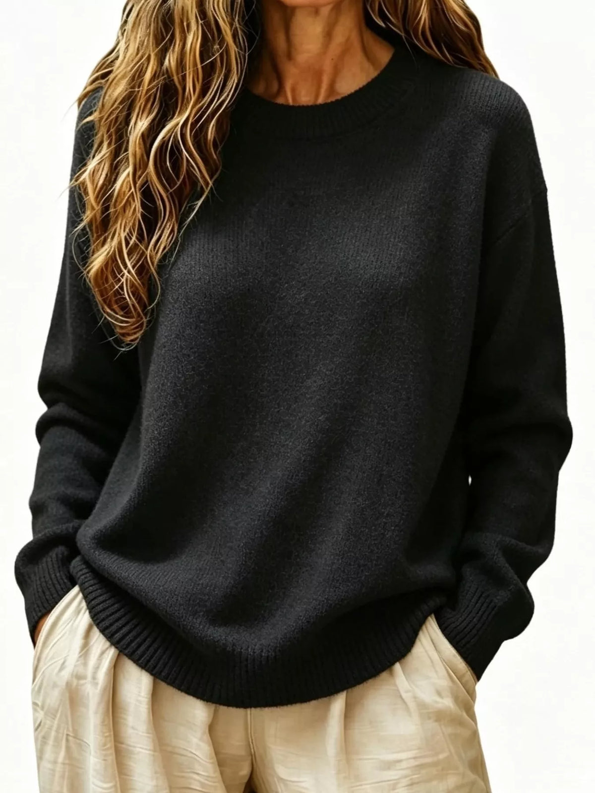 Dropped-shoulder crew sweater – black