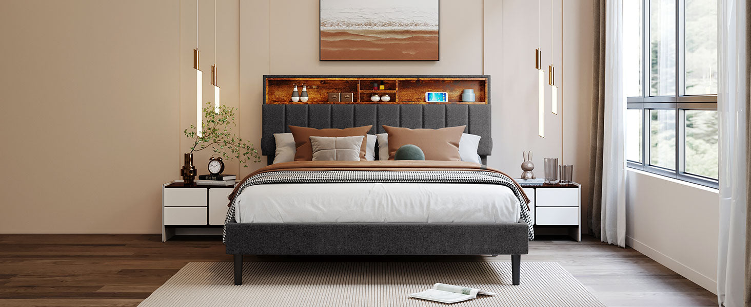 Queen Size Upholstered Platform Bed with Storage Headboard and USB Port Linen Fabric Upholstered Bed (Gray)