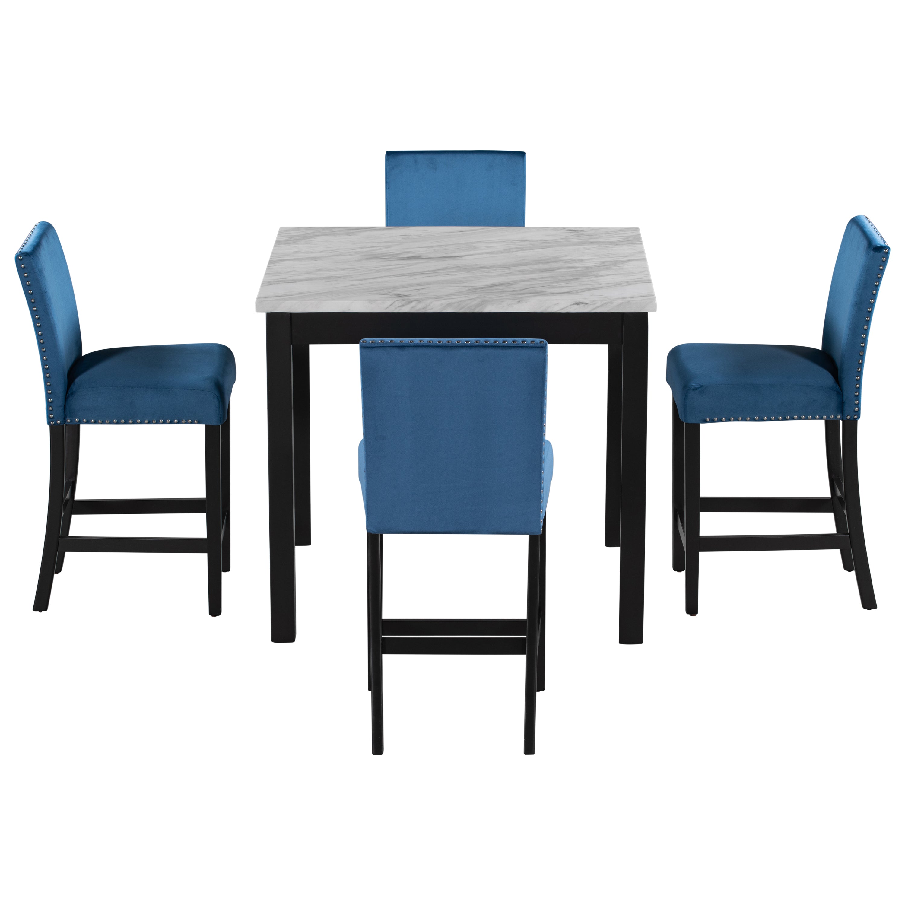 5-piece Counter Height Dining Table Set with One Faux Marble Dining Table and Four Upholstered-Seat Chairs Blue