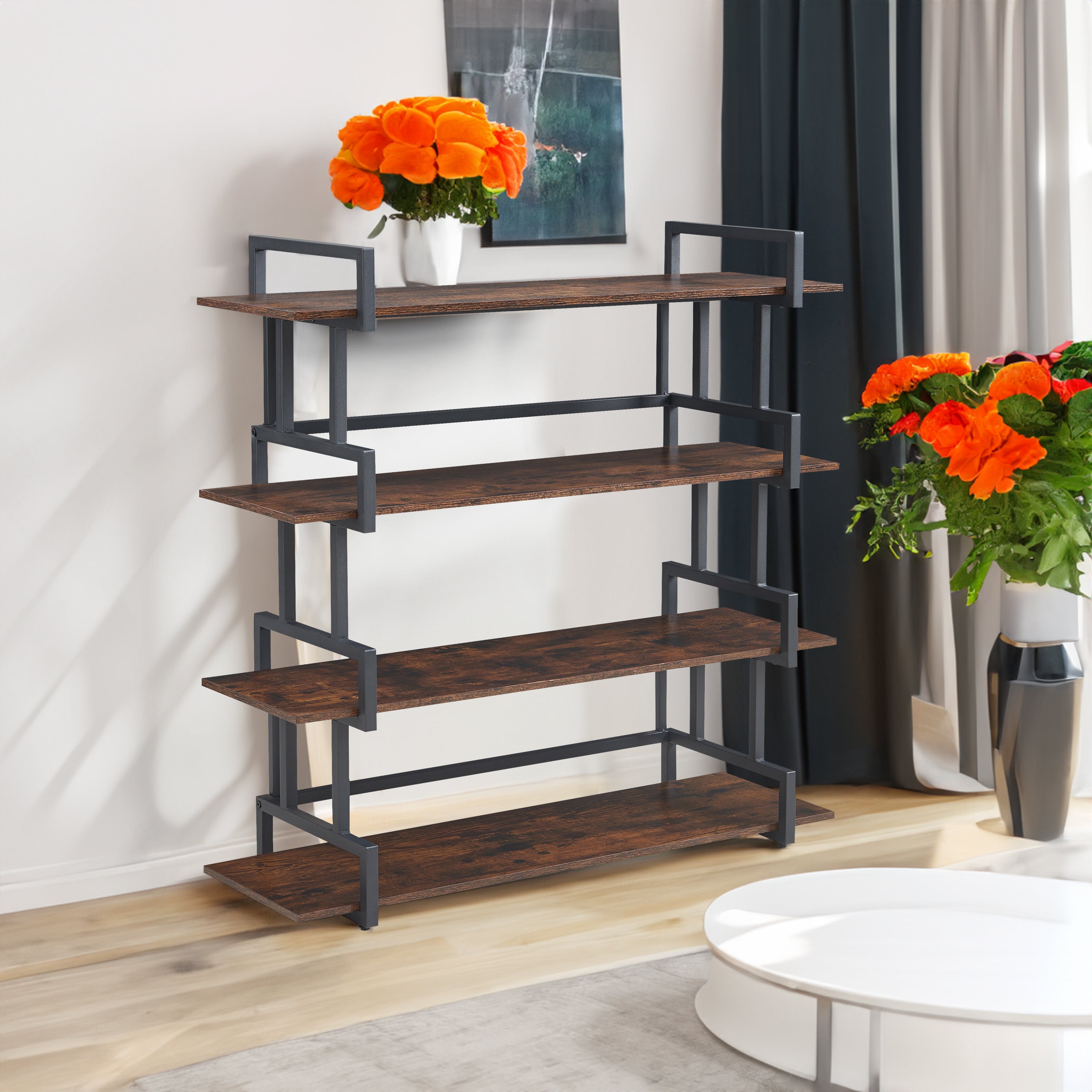 4-storey office bookshelf, rural wooden metal bookshelf, independent open bookshelf, industrial high angle bookshelf