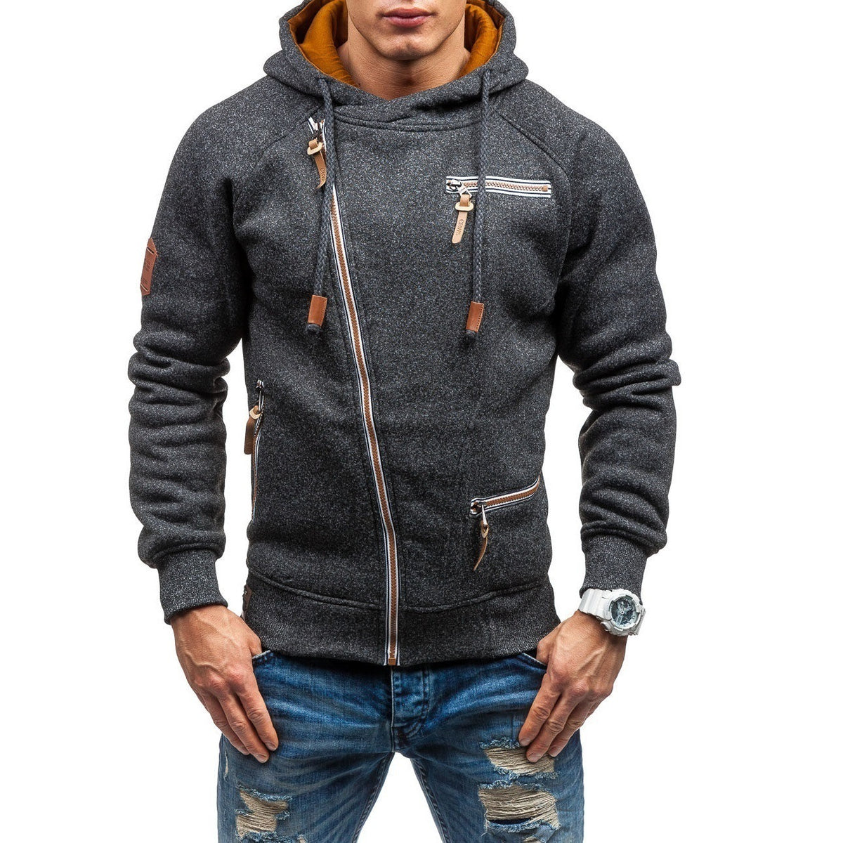 Side-zip gauze hoodie – black grey