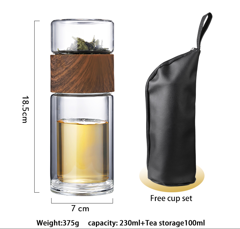 Double Wall Glass Water Bottle Tea Water Separation Glass Bottles Wood Grain With Hand Bag My Water Bottle