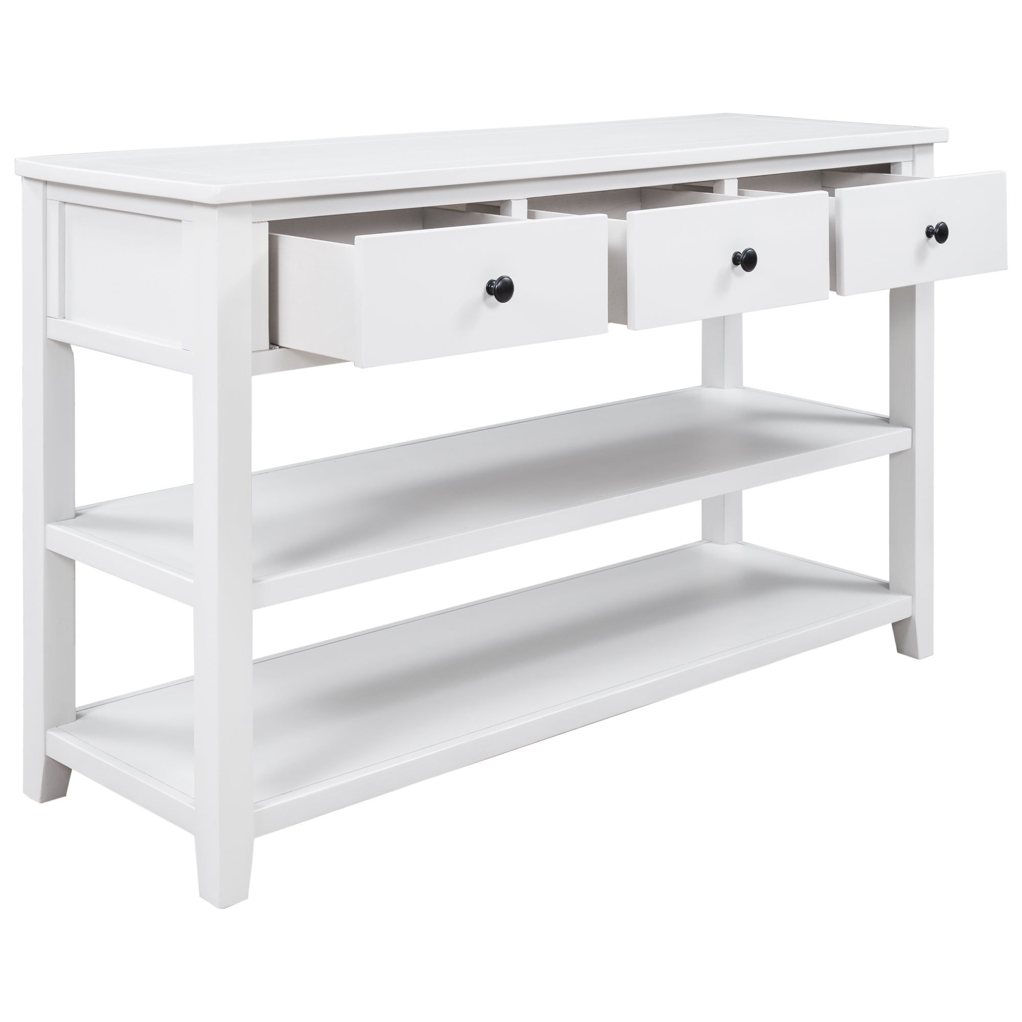 Retro Design Console Table with Two Open Shelves, Pine Solid Wood Frame and Legs for Living Room (Antique White)