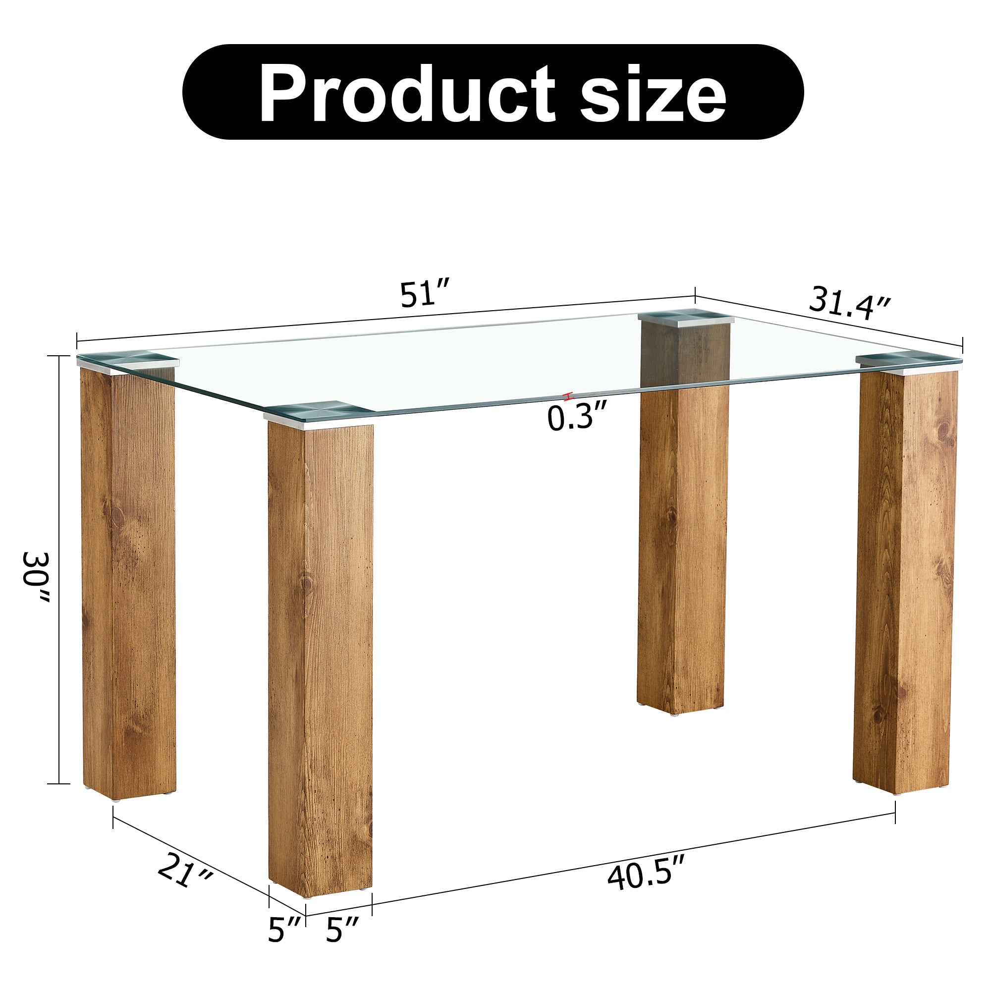 Modern minimalist rectangular dining table Glass desktop and wooden MDF table legs