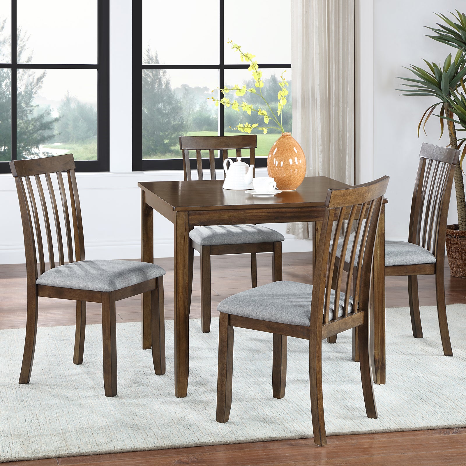 5 Piece Modern Dining Set, Square Wooden Dining Table with 4 Upholstered Chairs for Kitchen, Dining Room, Walnut