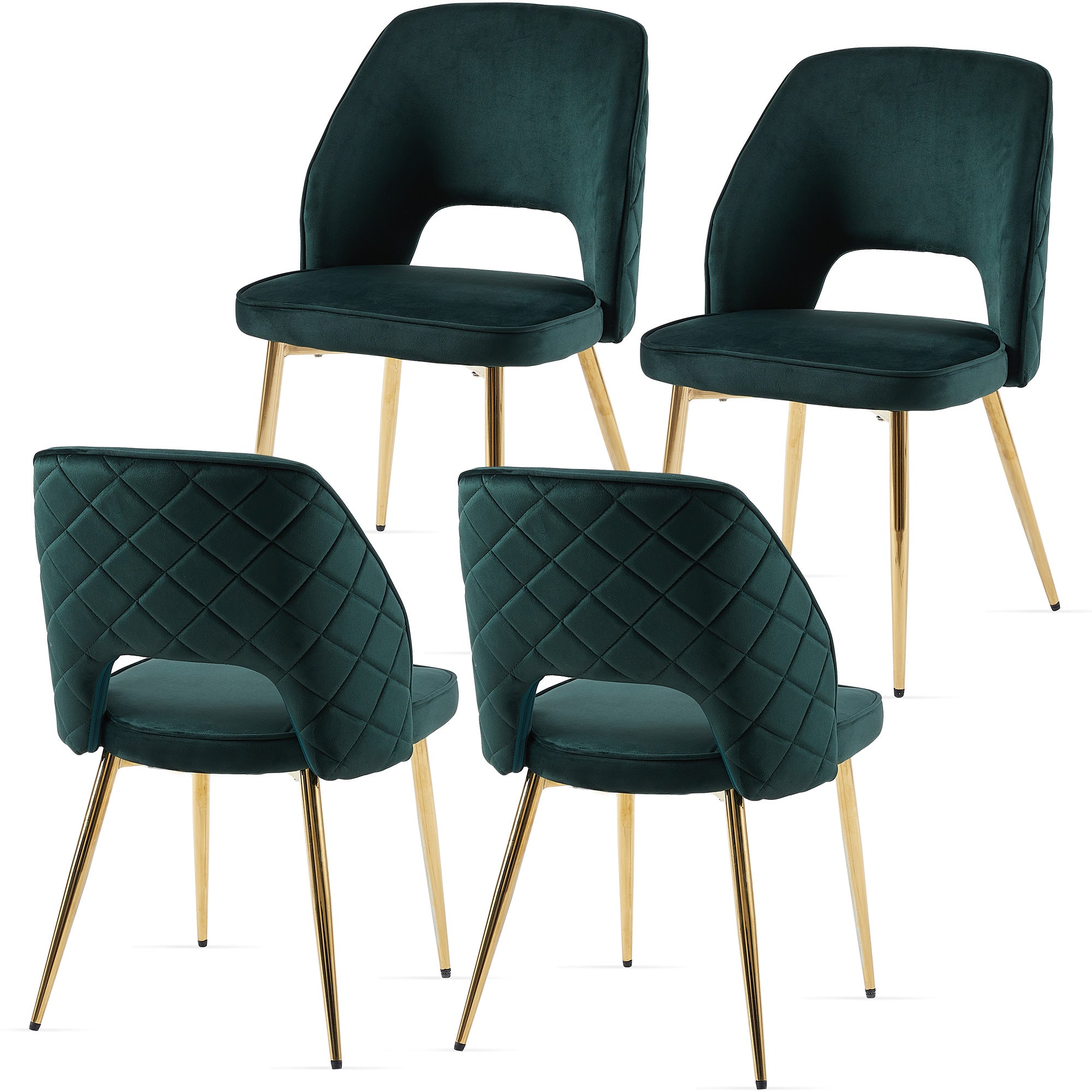 Dark Green Velvet Dining Chairs with Metal Legs and Hollow Back Upholstered Dining Chairs Set of 4