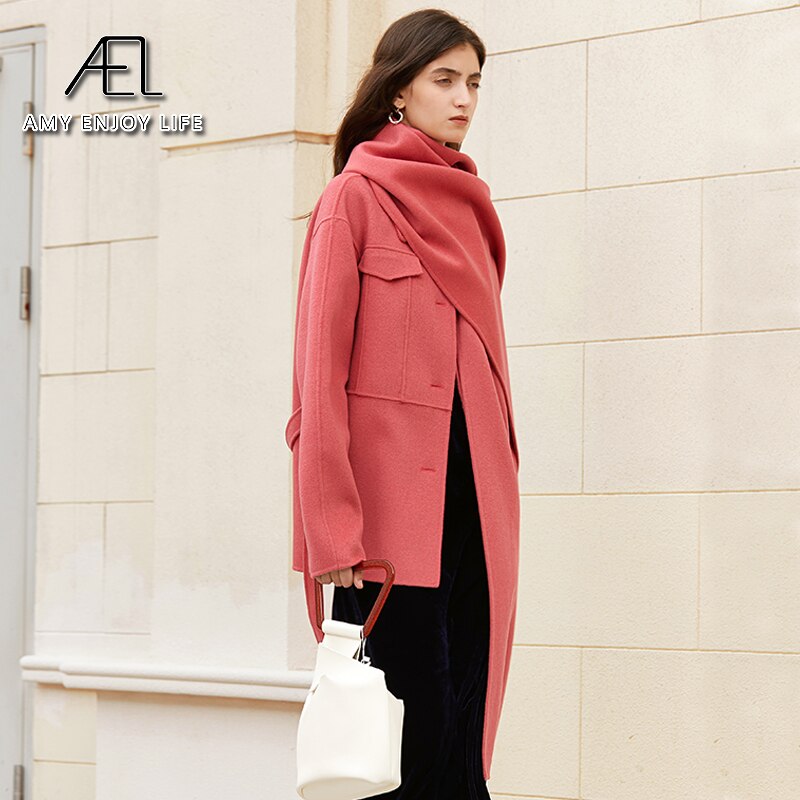 100% Wool Woolen Coat With Belt Spring Autumn Jacket For Women Solid With Scarf Warm Fashion Streetwear