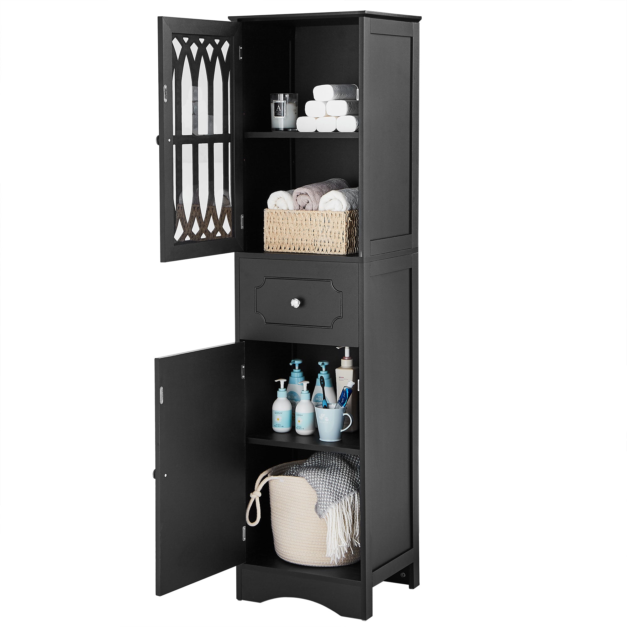 Tall Bathroom Cabinet, Freestanding Storage Cabinet with Drawer and Doors, MDF Board, Acrylic Door, Adjustable Shelf, Black