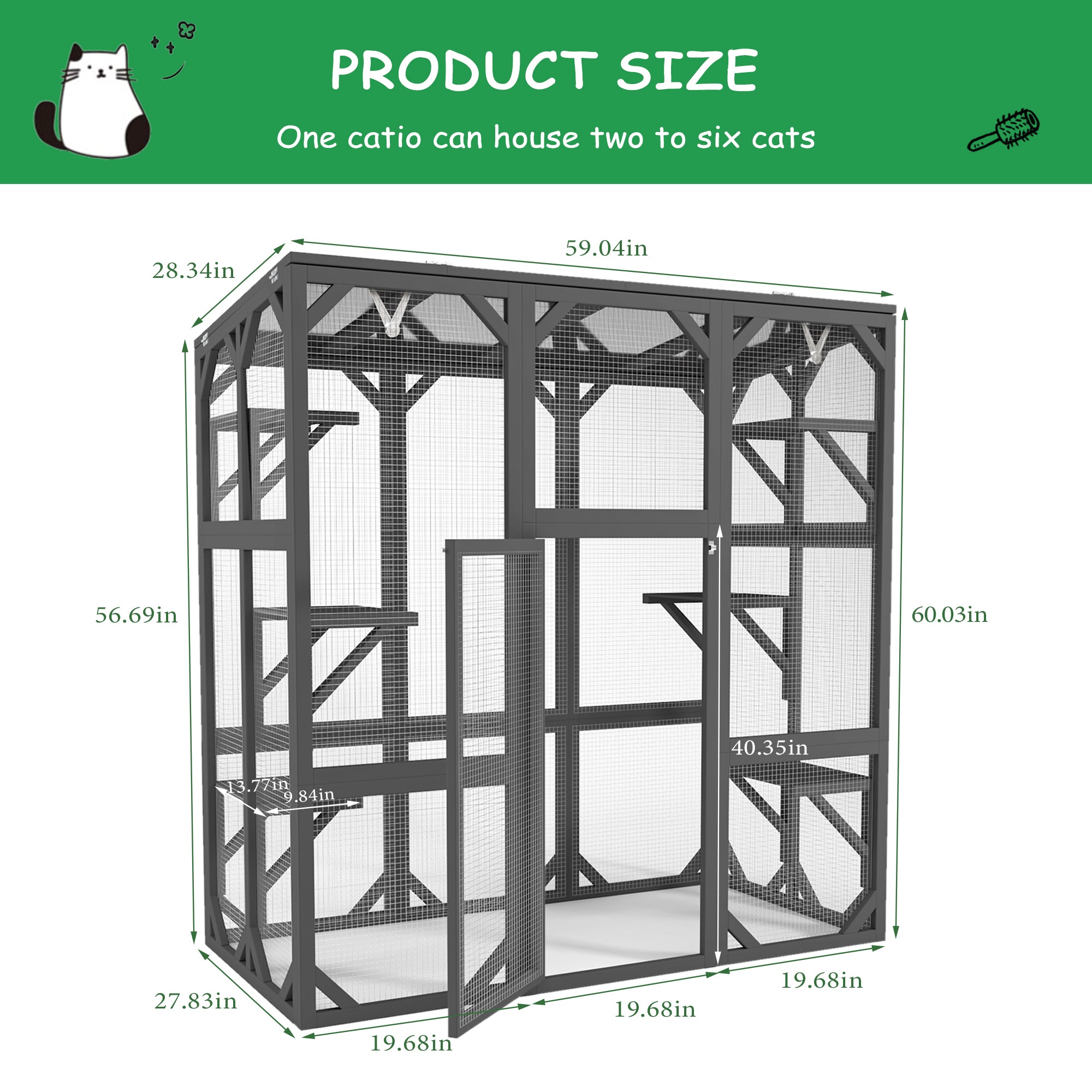 Catio Outdoor Cat Fence Cat House Wooden Cat Cage Six Platforms Large Entrance Door, Waterproof Roof 60 inches Grey