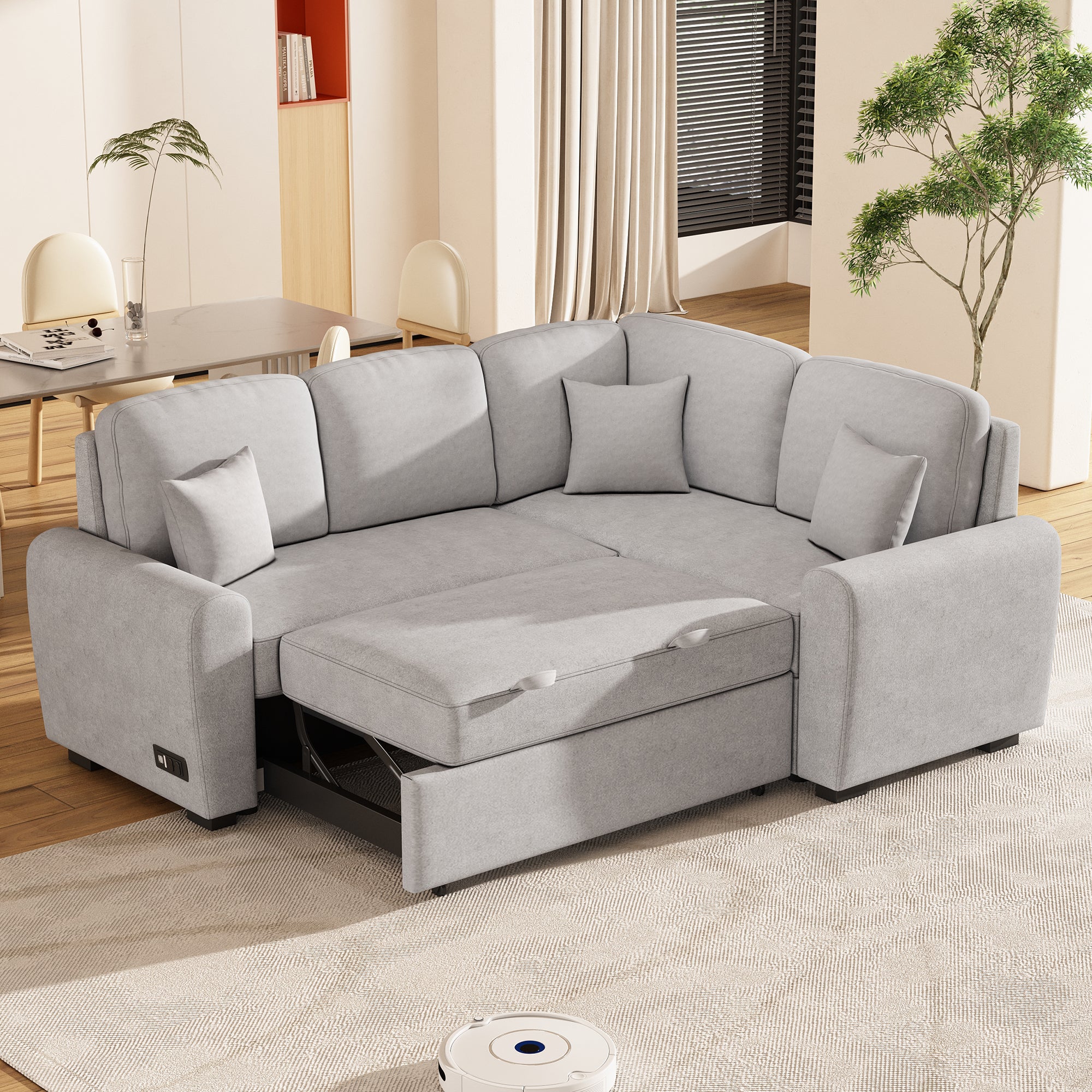 87.4"Sectional Sleeper Sofa with USB Charging Port and Plug Outlet Pull-Out Sofa Bed with 3 Pillows Grey