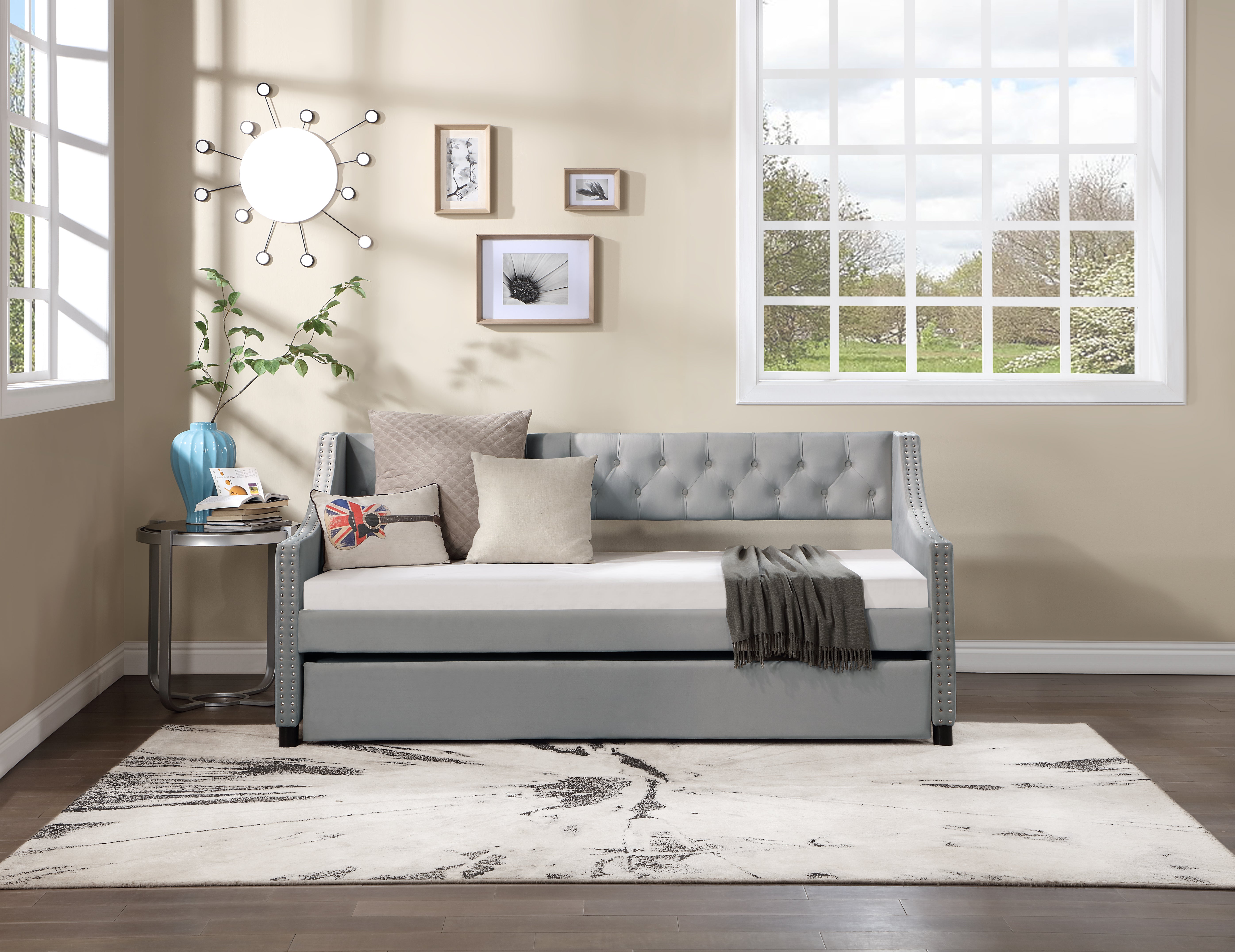 Daybed with Trundle Upholstered Tufted Sofa Bed with Button and Copper Nail on Arms full Size