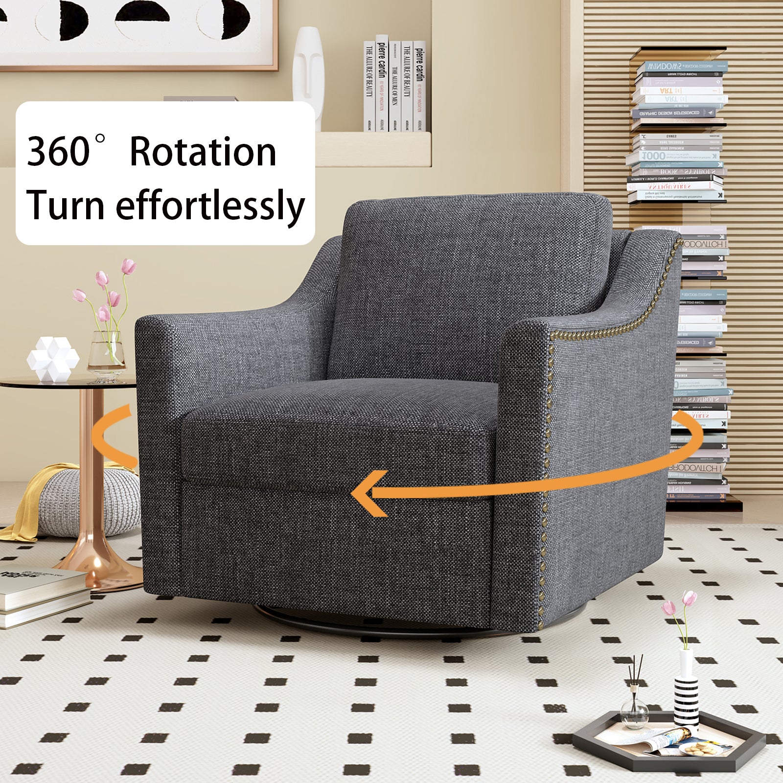 360 degree rotating cotton and linen armchair, decorated with brass nails, armchair Black+Gray