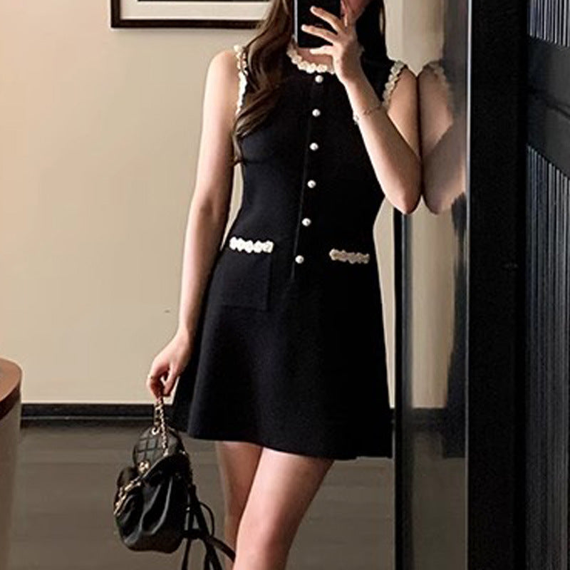 Floral Beaded Dress, Round Neck Sleeveless Mini Dress, Waist-Cinching A-Line Slim Fit Dress