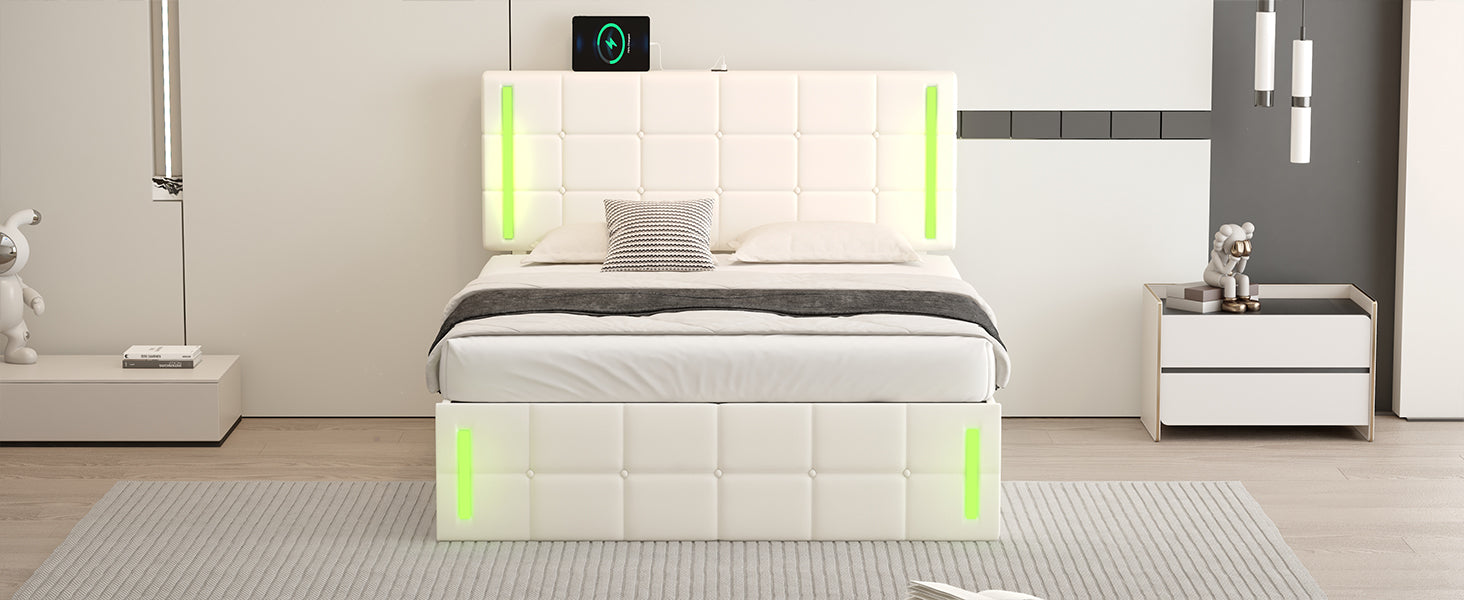 Full Size Upholstered Bed with LED Lights,Hydraulic Storage System and USB Charging Station,White