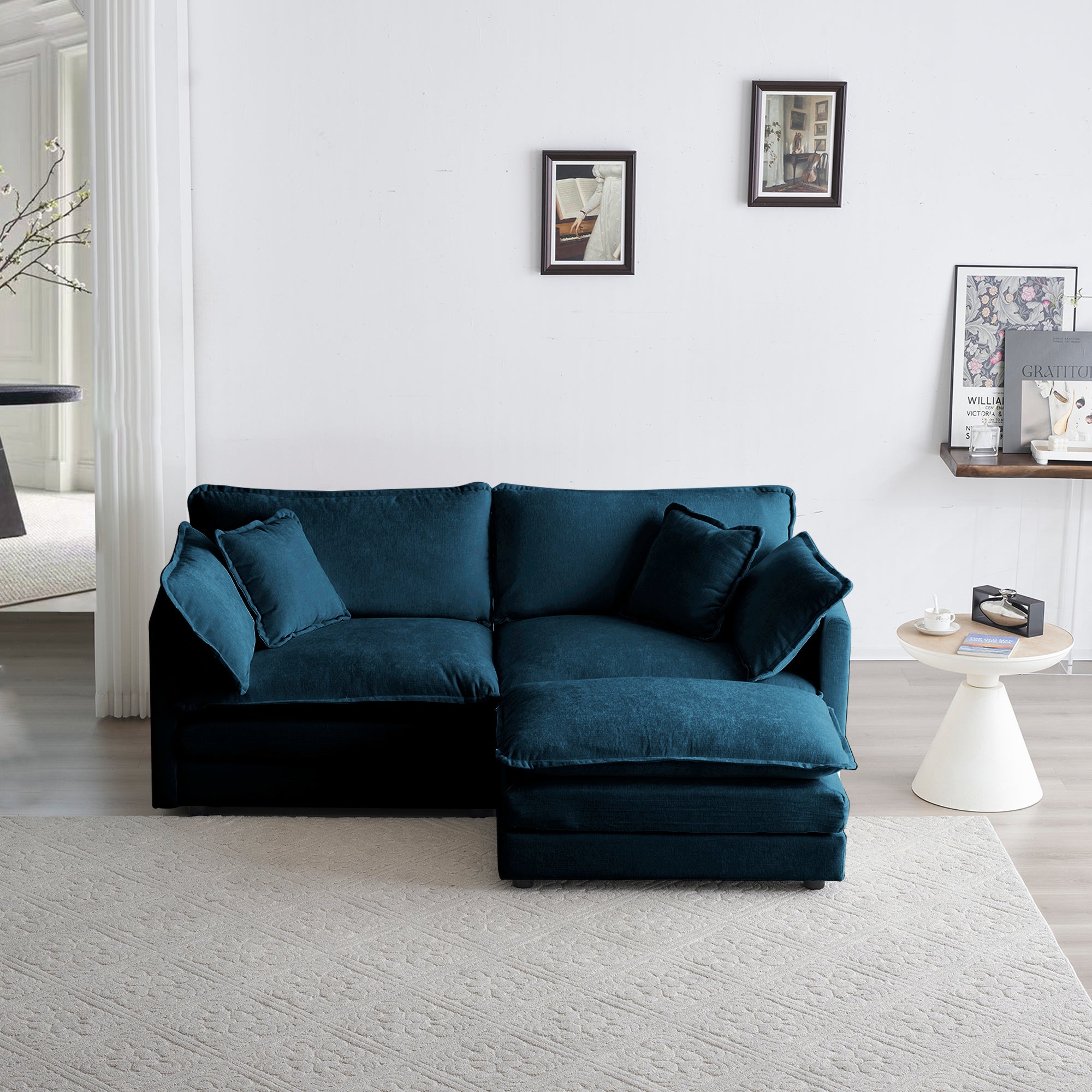 Chenille double sofa with 1 foot pedal, 2 seats L-shaped section, Ottoman style blue Chenille