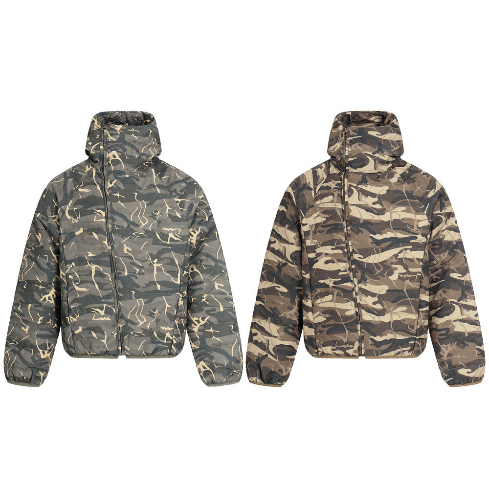 Streetwear Men's Hooded Camouflage Patchwork Down Jacket, Loose Fit, Casual Outerwear