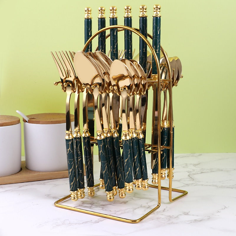 Gold cutlery set – dark green