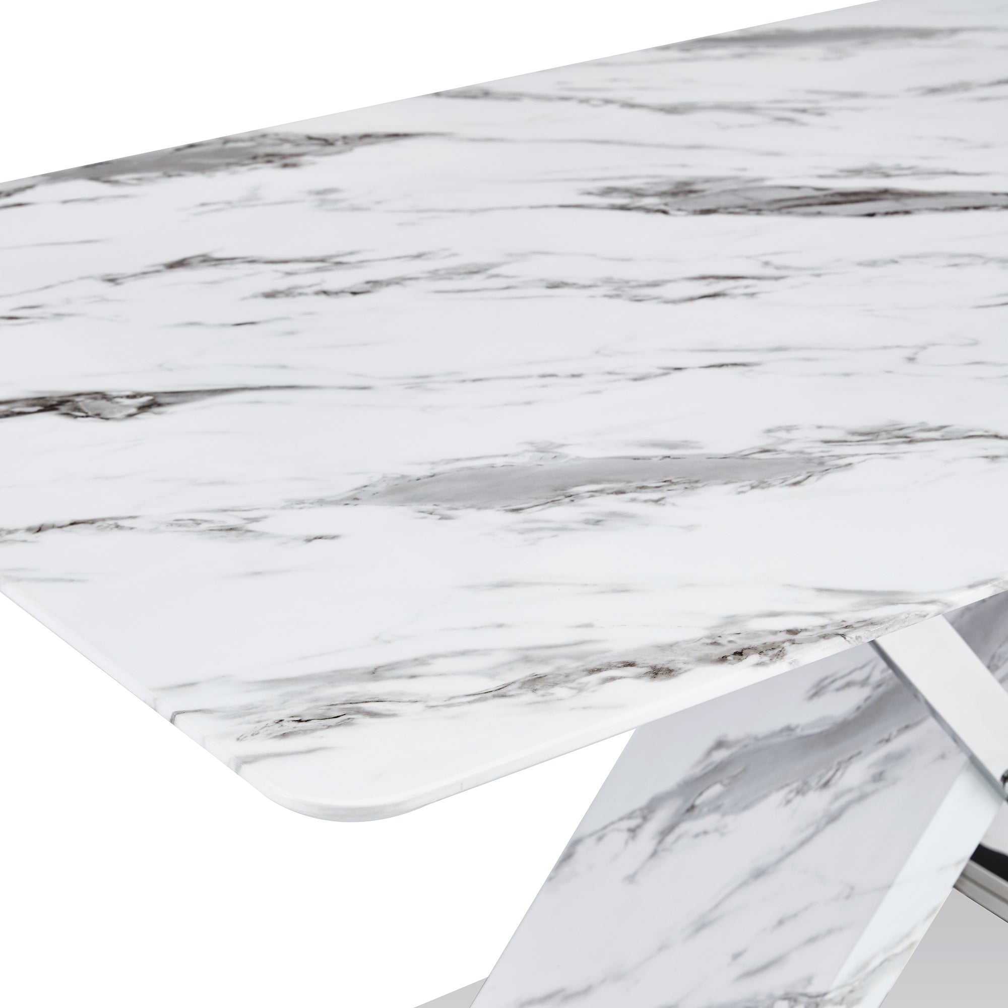 Modern white rectangular marble textured glass dining table and office desk Equipped with stainless steel base