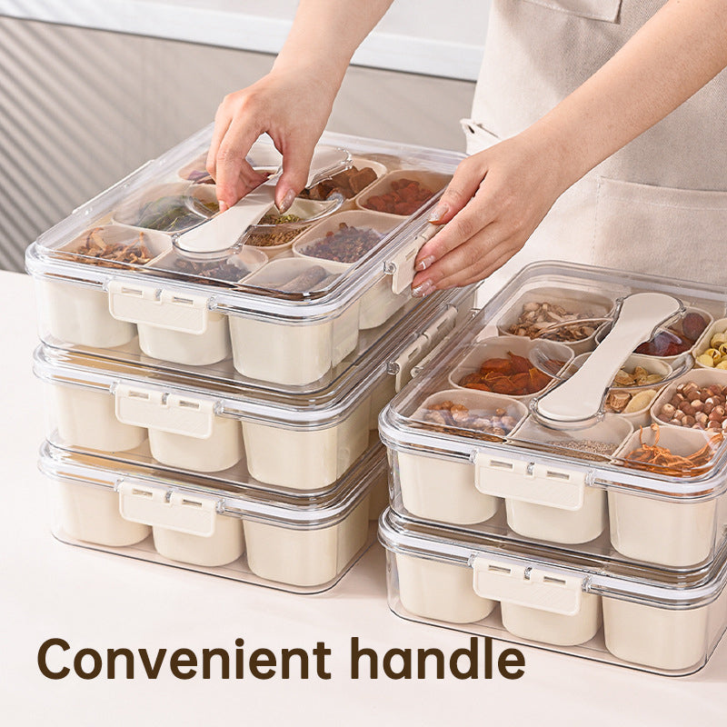 Design Sealed Snackle Storage Box With 9pcs Divider Plastic Divided Veggie Tray With Lid And Handle