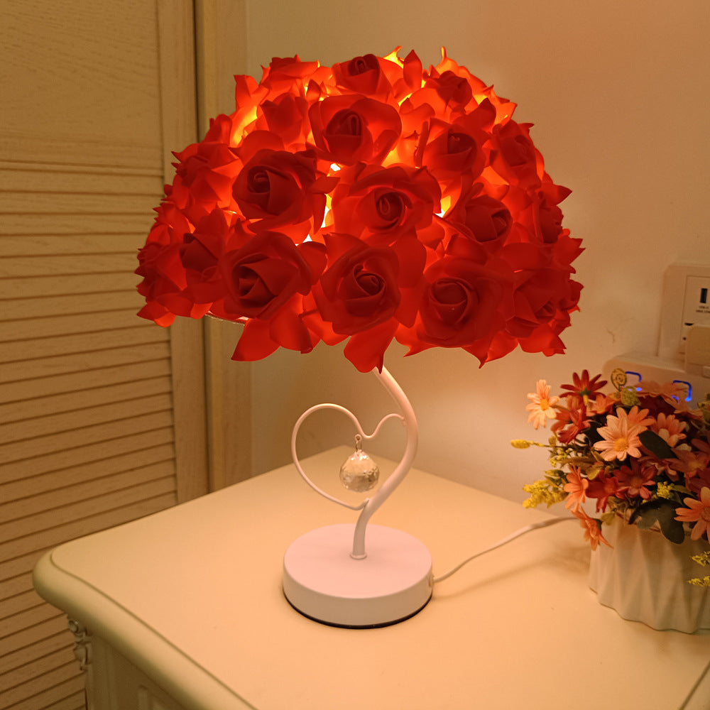 White stem heart-shaped crystal umbrella-shaped rose flower table lamp bedside lamp bedroom decoration ornaments wedding atmosphere table lamp