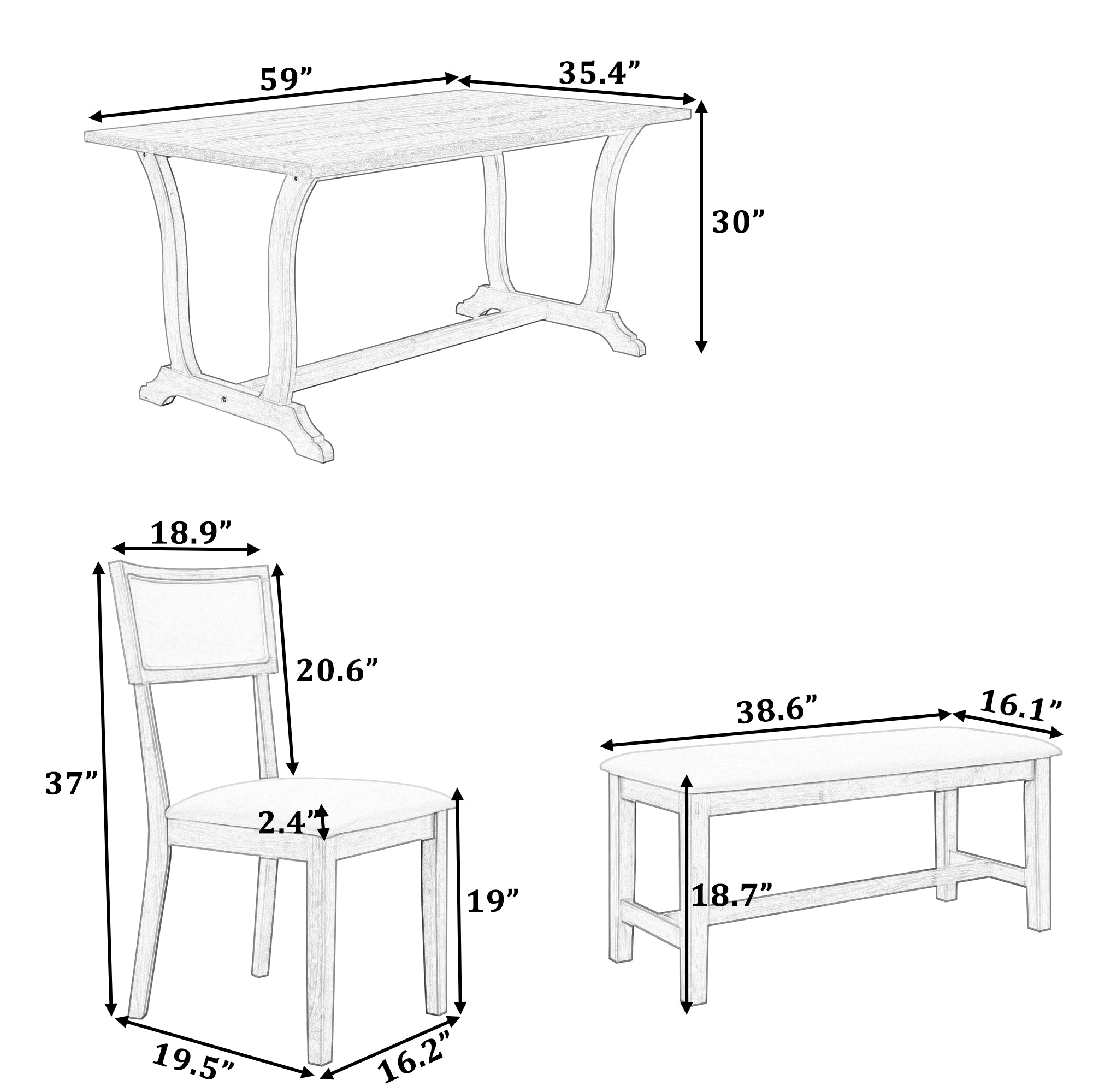 TOPMAX Farmhouse 6-Piece Trestle Dining Table Set with Upholstered Dining Chairs and Bench  59inch, White