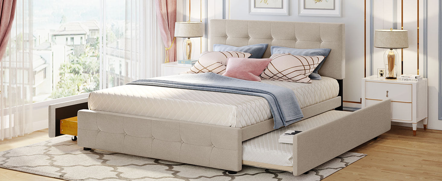 Upholstered Platform Bed with 2 Drawers and 1 Twin XL Trundle Linen Fabric Queen Size - Dark Beige