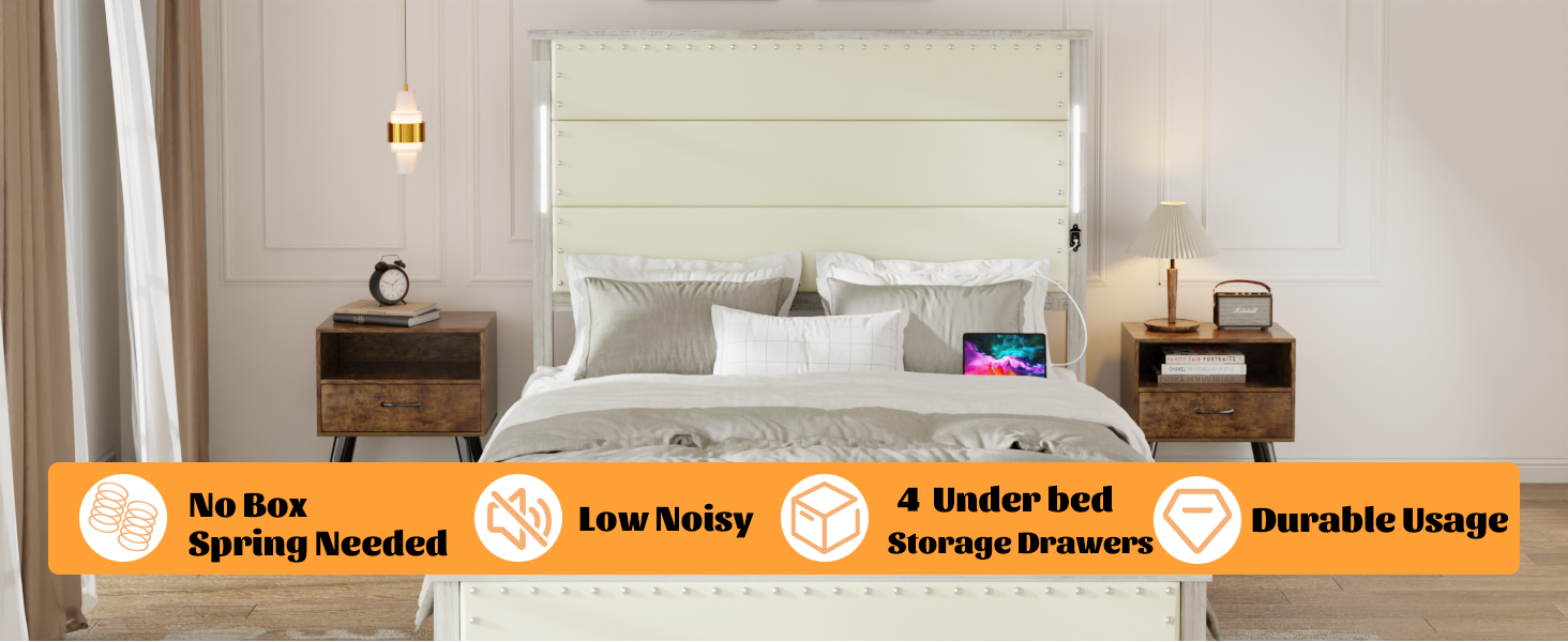 Large bed frame with cushioned headboard and storage drawers, equipped with 4 charging stations and LED lights, beige