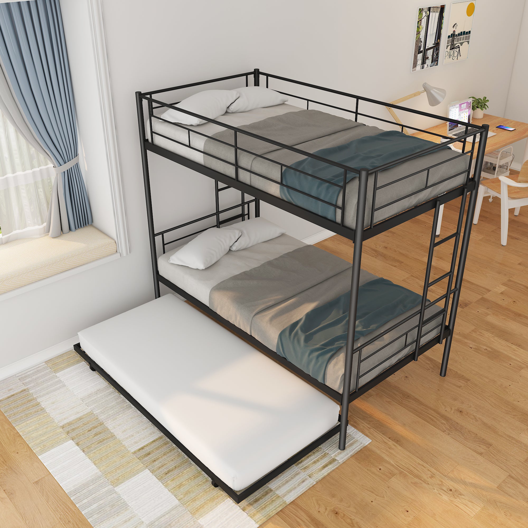 Twin Over Twin Metal Bunk Bed Frame with Trundle（Upgrade reinforcement version）